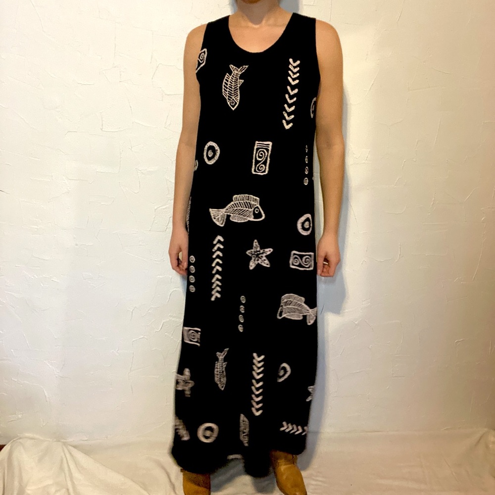 90s Sleeveless Semi-Stretch Long Black Fish Dress